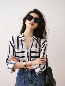 Striped Pocket Shirt, Retro Versatile Vertical Striped Shirt, New Autumn Long Sleeve Top, Versatile Casual Shirt - Navy Blue - View 7