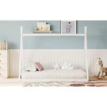 TWINSIZE CHILDREN'S WOODEN TENT BED, MONTESSORI-STYLE LOW-FLOOR BED, HOUSE-SHAPED TENT BED FRAME, SUITABLE FOR BOYS, GIRLS, AND TEENS, NO SLATS, NATURAL COLOR