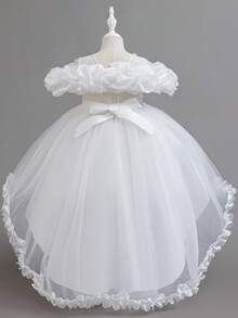 年轻女孩蕾丝串珠花朵花瓣优雅不对称下摆花童婚礼派对公主裙 - 白色 - 查看 4