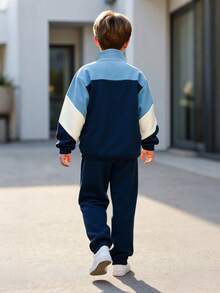 2pcs/Set Tween Boy Thick Long Sleeve Jacket And Pants Set, Color Block Design, Stand Collar Zipper Jacket, Casual And Comfortable Outdoor Outfit, Autumn/Winter