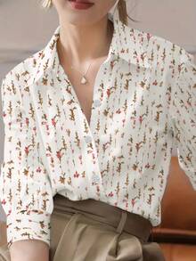 Allover Tiny Ditsy Floral Button Front Long Sleeve Blouse