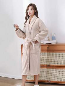 1件珊瑚绒女士长款浴袍，多种颜色可选，带帽、腰带和口袋，蓬松柔软保暖，男女通用浴巾浴袍，超柔软天鹅绒吸水性强，母亲节好礼 - 多色 - 查看 12