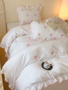 3pcs Ruffled Embroidered Bowknot Duvet Cover Set, Extra Large Size, Soft Fabric, With Zipper & Tie, Suitable For Girls Bedroom Decor, Breathable & Easy Care - White - View 11