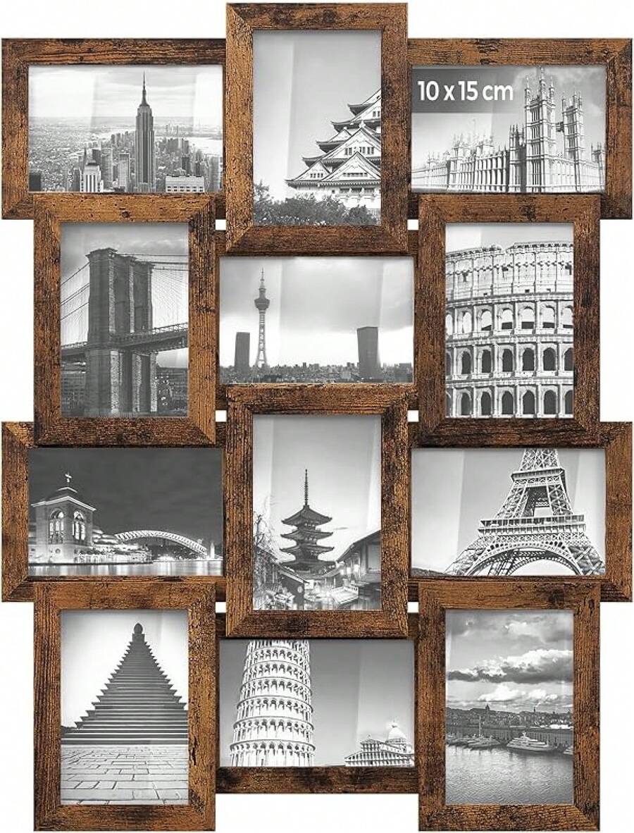 SONGMICS Collage de Marco de Fotos, 10 x 15, Juego de 12, Pantalla Colgante, Requiere Montaje, Marrón Rústico MRPF026X01 - Marrón Rústico - Ver 1