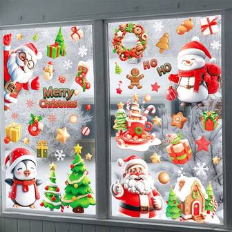 72pcs(9sheets) Merry Christmas Window Clings Decor Set - Double-Sided, Reusable No-Glue Stickers With HO, Santa, Penguin, Reindeer, Bells, Stockings, Candy Canes, Gift Boxes, Snowflakes, Green Christmas Trees And Cozy House Scenes - Suitable For Home And Office Holiday Celebrations, Christmas Decorations