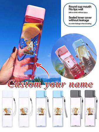 500ml Clear Water Bottle Custom Name/Text Design, Portable Sport Bottle Water Cup For Drinking, Leakproof Kitchen Tools Drinkware Accessories Lightweight For Outdoor Travel Personalized Cute Cartoon Initial Letter For Boy & Girl For Back To School