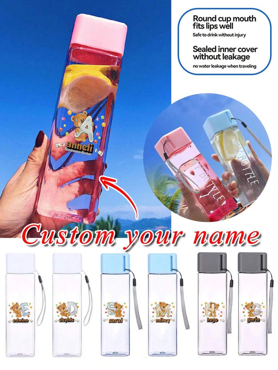 زجاجة مياه شفافة سعة 500 مل مع تصميم اسم/نص مخصص، زجاجة مياه رياضية محمولة وكأس للشرب، أدوات مطبخ محكمة الإغلاق، اكسسوارات أدوات شرب خفيفة الوزن للسفر والخارج، مبتكرة بحرف أولي كرتوني لصبي وفتاة للعودة إلى المدرسة
