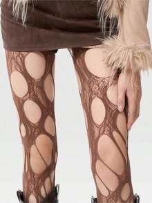 1pc Women's One Size Fits All Coffee Brown Asymmetrical Hole Fishnet Stockings, Suitable For All Seasons And Outfits - trắng - Xem 3
