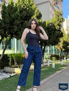 Women's Jeans, Lightweight Fabric, Elastic Waistband, Drawstring, High Waist, Office, Casual - 深藍色 - 查看 2