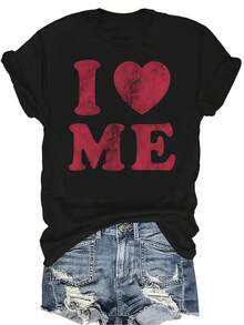 Camiseta "I Love Me" para mujer y unisex, de verano, casual, transpirable, con cuello redondo, manga corta, estilo urbano y versátil, adecuada para adolescentes y adultos - Negro - Ver 1