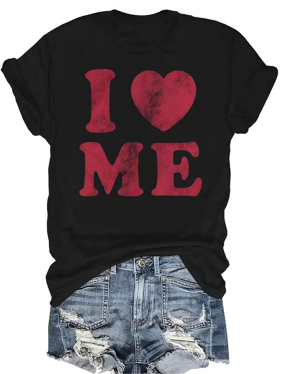 Camiseta "I Love Me" para mujer y unisex, de verano, casual, transpirable, con cuello redondo, manga corta, estilo urbano y versátil, adecuada para adolescentes y adultos - Negro - Ver 1