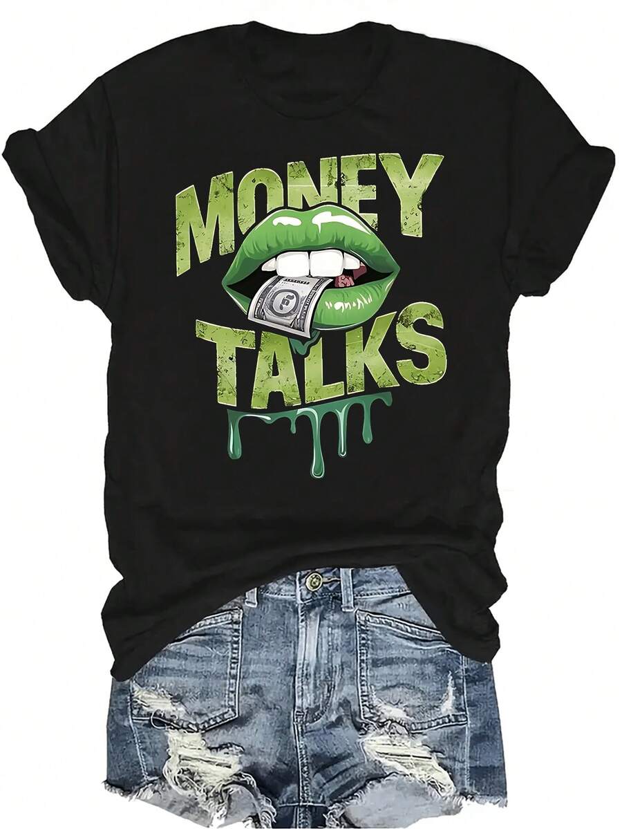 Camiseta LIPS MONEY TALKS para mujer y unisex, de verano, casual, transpirable, con personalidad, cuello redondo, manga corta, estilo urbano y versátil, adecuada para adolescentes y adultos - Negro - Ver 1