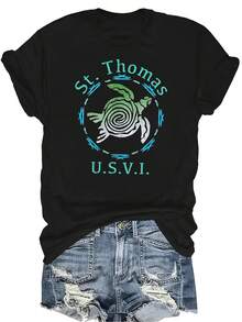 Camiseta de regalo con diseño de tortuga de St. Thomas, USVI, para mujer y unisex, de verano, casual, transpirable, de cuello redondo, de manga corta, ropa de calle versátil, adecuada para adolescentes y adultos - Negro - Ver 1