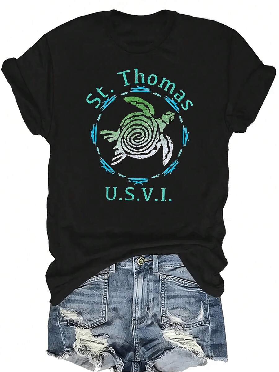 Camiseta de regalo con diseño de tortuga de St. Thomas, USVI, para mujer y unisex, de verano, casual, transpirable, de cuello redondo, de manga corta, ropa de calle versátil, adecuada para adolescentes y adultos - Negro - Ver 1