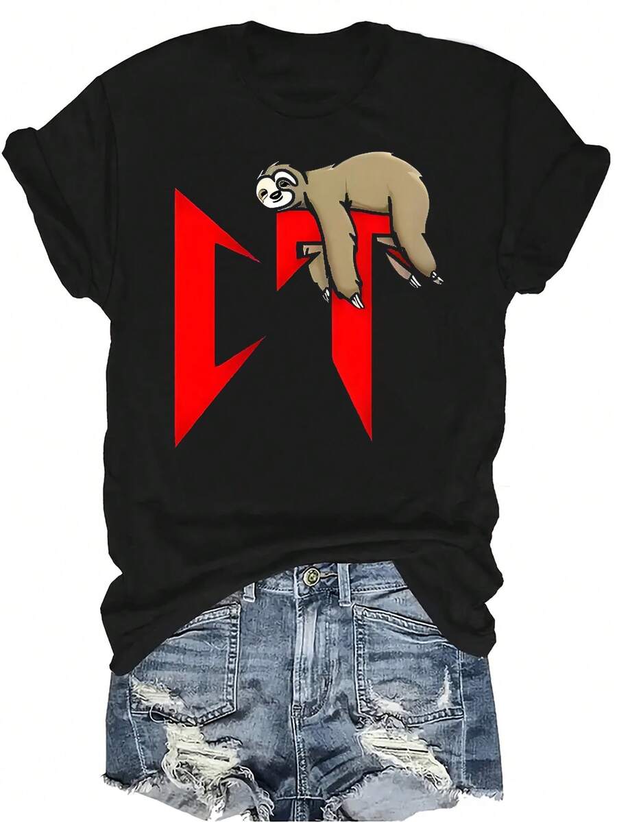 Camiseta con patrones interesantes para mujer y unisex, de verano, casual, transpirable, con cuello redondo, manga corta, estilo urbano y versátil, adecuada para adolescentes y adultos - Negro - Ver 1