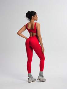 TCVC 女式露背无袖性感露背连体裤，无缝针织紧身衣，适合室内/室外运动和瑜伽，亲肤面料，紧身塑身连体裤 - 紅色 - 查看 2
