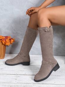 复古优雅时尚一脚蹬中跟及膝靴，新款秋冬女式棕色弹力绒面柔软中筒皮靴女式黑色休闲舒适扣环过膝靴 - 深灰色 - 查看 2