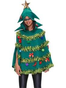 1 件成人圣诞树斗篷服装，涤纶花卉印花波西米亚风格斗篷，适合各种节日主题派对和庆祝活动 - 綠色 - 查看 4