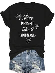Camiseta "Brilla como un diamante" para mujer y unisex, de verano, casual, transpirable, con personalidad, cuello redondo, manga corta, ropa de calle, versátil, adecuada para adolescentes y adultos - Negro - Ver 1