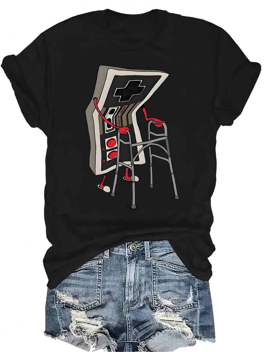 Camiseta gráfica de videojuegos retro para gamers veteranos, de estilo casual y transpirable, de cuello redondo y manga corta, adecuada para adolescentes y adultos - Negro - Ver 1