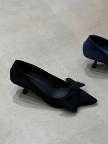 2025年秋季新款韩版小众蝴蝶结尖头细跟时尚优雅女式高跟鞋，猫跟鞋 - 黑色 - 查看 6