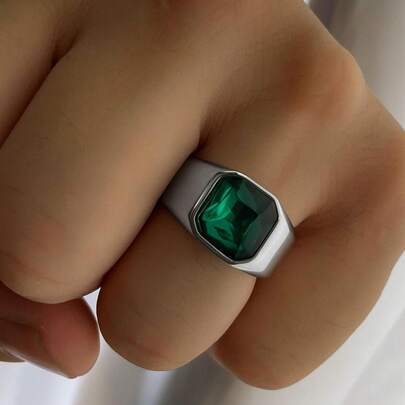 DEDEIRA PEDRA  VERDE ANEL PEDRA VERDE ESMERALDA  MACIÇO Europeu & Americano Vintage Aço Titânio Frio Metal Chifre Textura Chique E Popular Homens Minimalista Pulseira De Corrente Aço Inoxidável Punk Hip Hop Estilo Para Jóias Presente E Para A Elegante Look