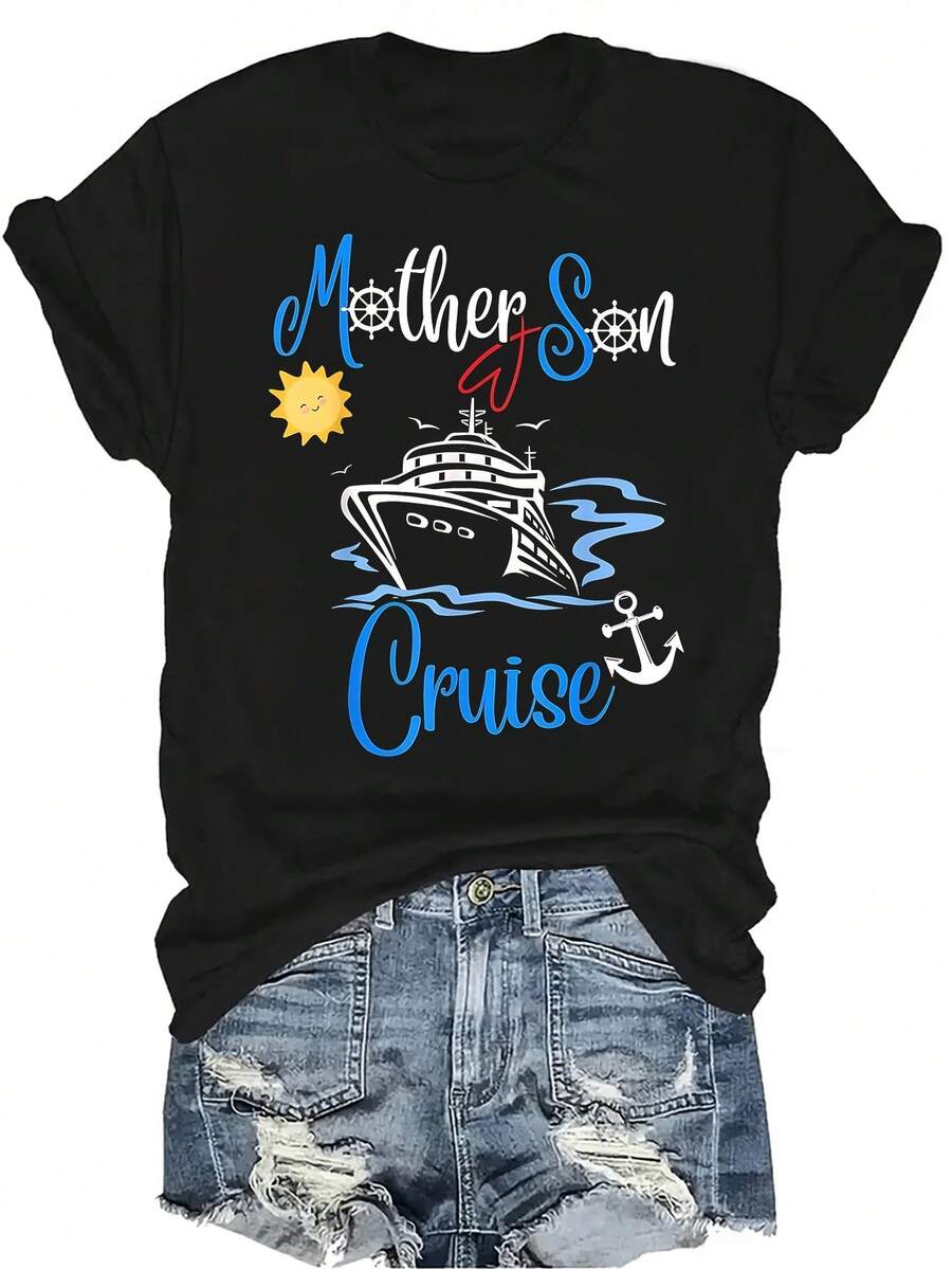 Camiseta de vacaciones de crucero de madre e hijo 2025, camiseta de verano casual, transpirable y de personalidad con cuello redondo y manga corta, adecuada para adolescentes y adultos - Negro - Ver 1