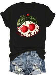 Camiseta Mon Cheri para mujer y unisex, de verano, casual, transpirable, con personalidad, cuello redondo, manga corta, ropa de calle, versátil, adecuada para adolescentes y adultos - Negro - Ver 1