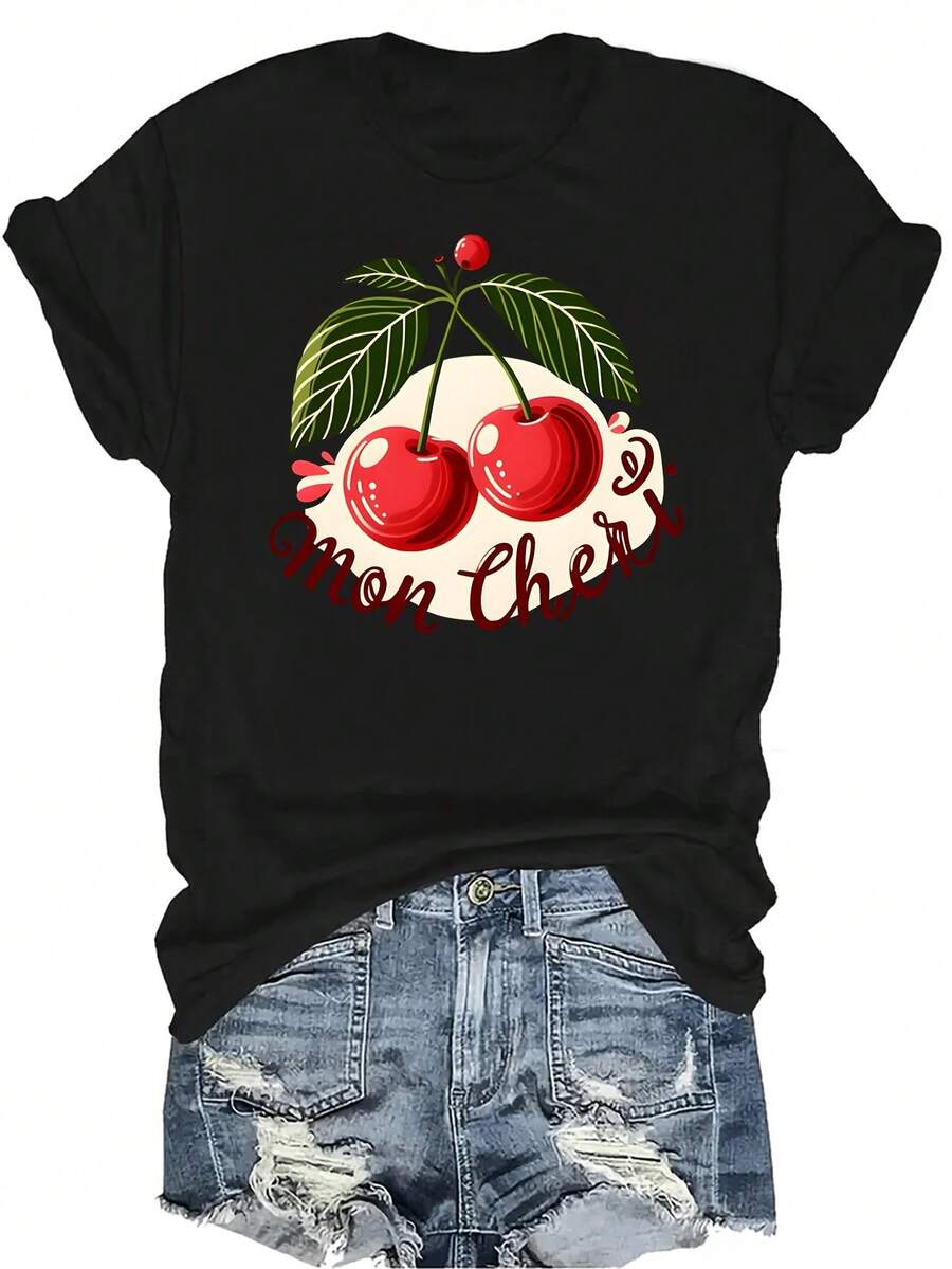 Camiseta Mon Cheri para mujer y unisex, de verano, casual, transpirable, con personalidad, cuello redondo, manga corta, ropa de calle, versátil, adecuada para adolescentes y adultos - Negro - Ver 1