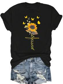 Camiseta con patrones interesantes para mujer y unisex, de verano, casual, transpirable, con cuello redondo, manga corta, estilo urbano y versátil, adecuada para adolescentes y adultos - Negro - Ver 1