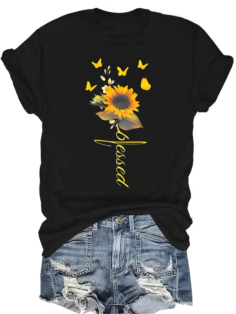 Camiseta con patrones interesantes para mujer y unisex, de verano, casual, transpirable, con cuello redondo, manga corta, estilo urbano y versátil, adecuada para adolescentes y adultos - Negro - Ver 1