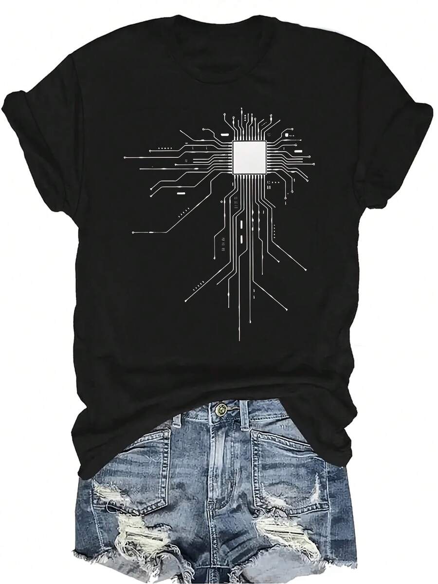 Camiseta con patrones interesantes para mujer y unisex, de verano, casual, transpirable, con cuello redondo, manga corta, estilo urbano y versátil, adecuada para adolescentes y adultos - Negro - Ver 1