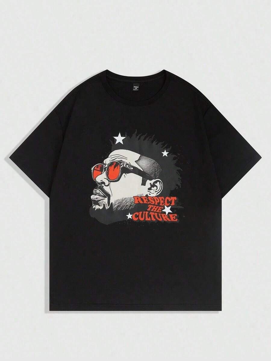 Camiseta de manga corta con cuello redondo y estampado simple para hombres de talla grande Manfinity Homme - Negro - Ver 1
