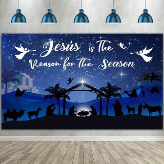 1pc Christmas Background Banner, 82.7*59.1/59.1*39.4/39.4*29.5 Inches Christmas Nativity Blue Background For Christmas Party, Photography Background, Wall Sign, Yard Sign, Winter New Year Christmas Eve Christmas Party Decoration