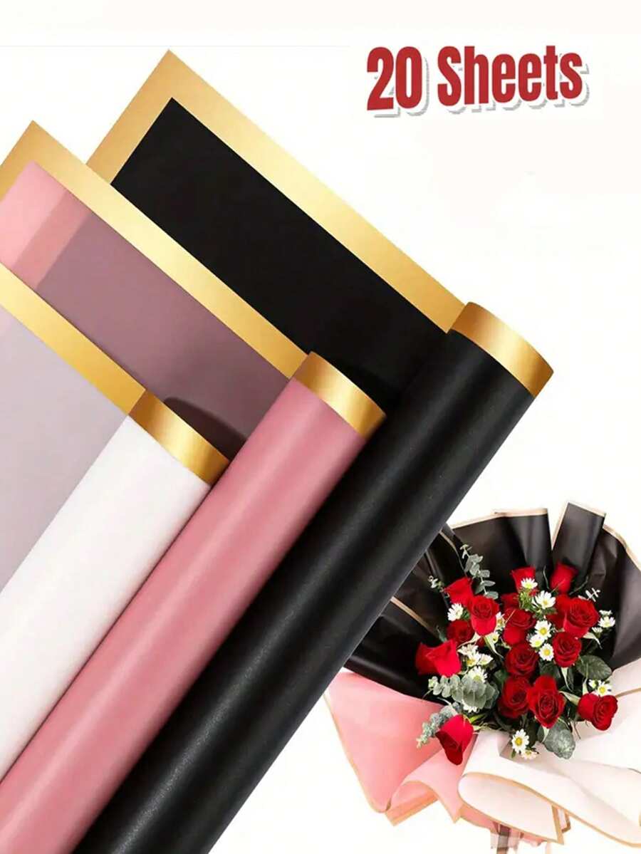 20 tờ giấy gói quà kiểu Hàn Quốc viền vàng, thích hợp cho đồ thủ công DIY, gói quà tặng, trang trí hoa, kích thước 23 x 23 inch, giấy lụa, phụ kiện bó hoa (Màu hồng) - Nhiều màu - Xem 1