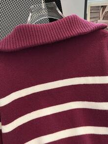 Autumn/Winter New Zipper Women Striped Knit Sweater, Fashion Minimalist Pullover, Versatile - Burgundy - View 5