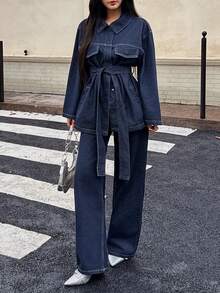 DEEKA 春秋新款女装时尚休闲复古收腰翻领牛仔夹克 - 藍色 - 查看 6