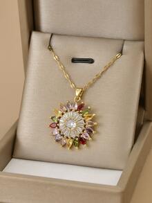 1pc Stainless Steel Colorful Zirconia Sunflower Pendant Necklace, Suitable For Women's Daily Wear, Women's Gold Necklace, Quality 18K Gold Necklace, Women's Jewelry Necklace, Chrysanthemum, Daisy - Yellow Gold - View 4