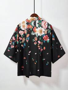 Retro Japanese Style Loose Floral Print Kimono Cover Up, Versatile Romantic Beach Cover-Up, Lightweight Summer Vacation Robe - Black - View 2
