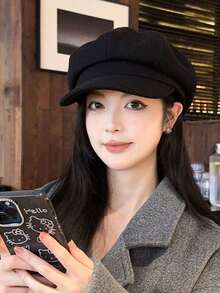 1 件韩式贝雷帽，时尚八角帽，女式艺术家帽，新款纯色，羊毛混纺帽檐贝雷帽，英式报童帽，适合日常佩戴、节日、聚会、典礼 - 黑色 - 查看 20