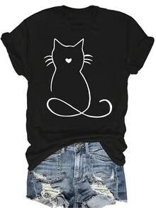 Camiseta con figura de gato para mujer y unisex, de verano, casual, transpirable, de personalidad, cuello redondo, manga corta, ropa de calle, versátil, adecuada para adolescentes y adultos - Negro - Ver 1