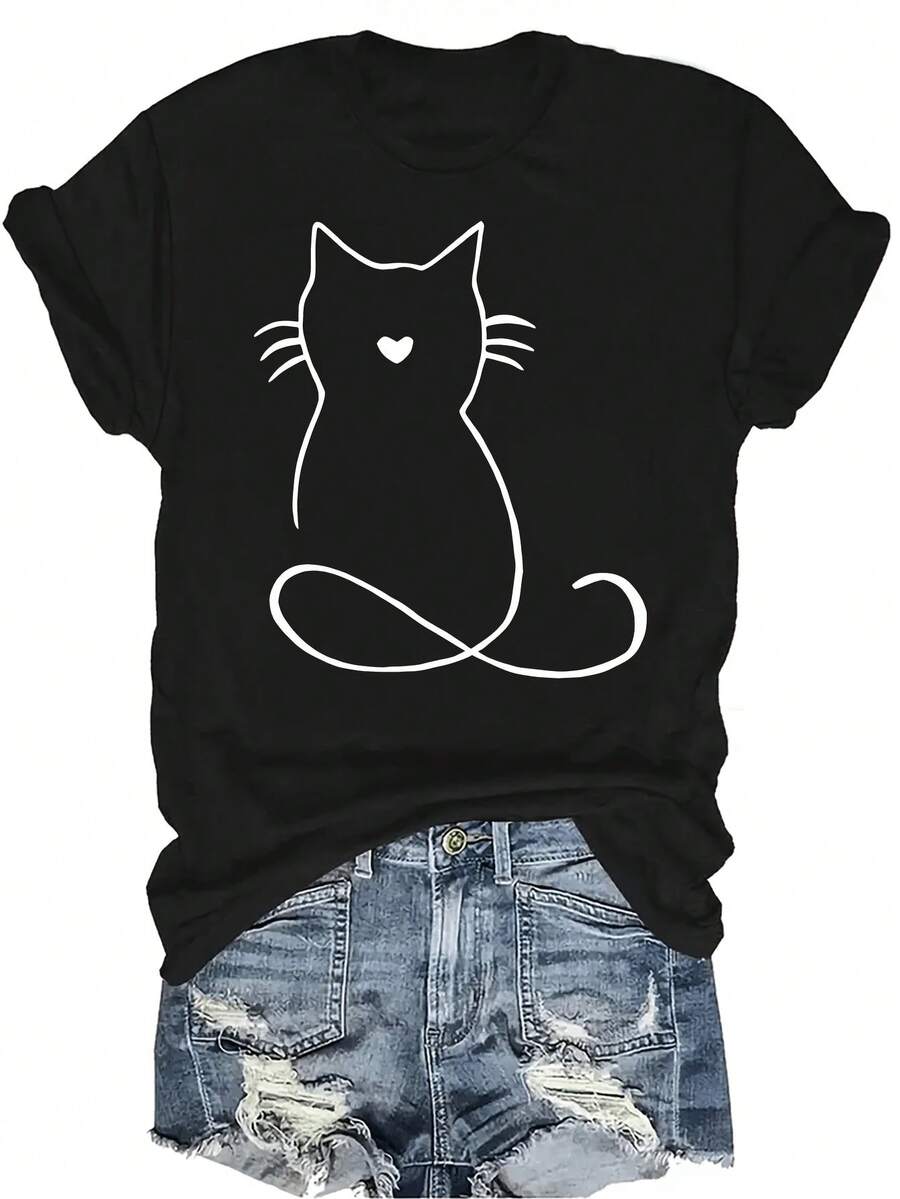 Camiseta con figura de gato para mujer y unisex, de verano, casual, transpirable, de personalidad, cuello redondo, manga corta, ropa de calle, versátil, adecuada para adolescentes y adultos - Negro - Ver 1