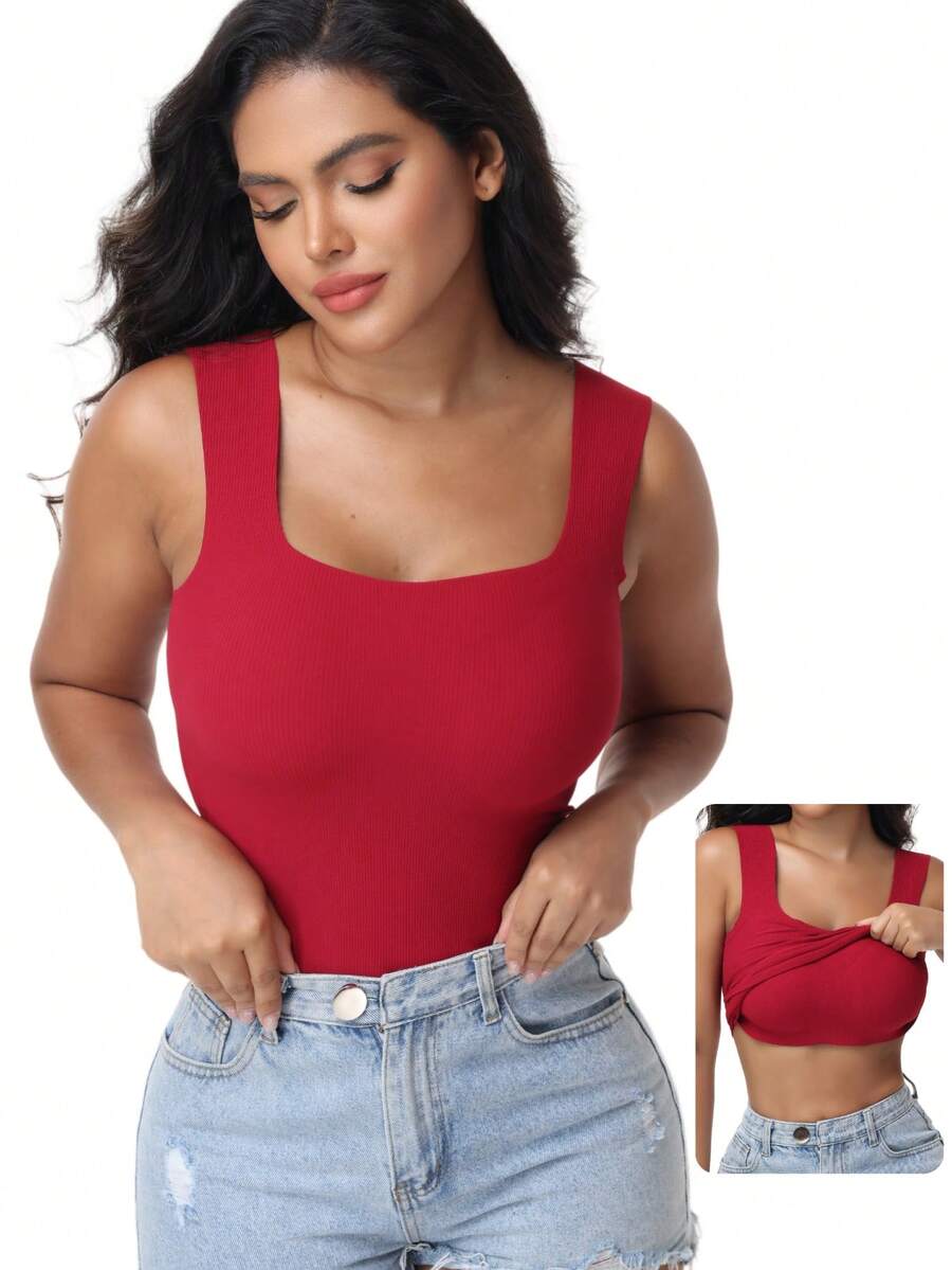 Women's Built-In Bra Tank Top Ribbed Slim Fit Wirefree Shelf Padded Tank Shirts Wide-Strap Square Neck Undershirt - Màu Đỏ Sâu - Xem 1