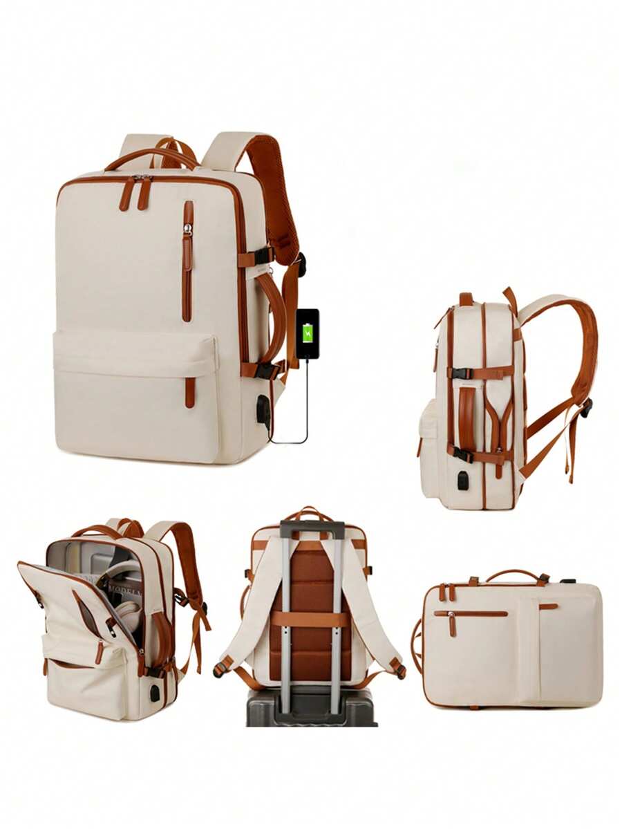 Zaino da viaggio espandibile, zaino per laptop multifunzione di grande capacità per donne - Beige, cinghie regolabili, scomparti multipli, materiale in nylon, zaino da lavoro