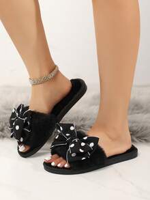 2025 New Arrival Women's Faux Fur Bling-Bling Bow & Rhinestone Decor Open Toe Comfortable Indoor Slippers, Sexy & Fashionable, Suitable For Spring, Summer, Autumn, Winter - Black - View 5