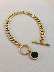 1pc Circular Coin Stamped Roman Numeral Badge Pendant, OT Clasp Curb Chain Stainless Steel Bracelet, Vintage Jewelry Suitable For Daily Wear