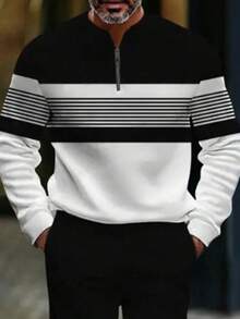 New Men's 2-Piece Simple And Versatile Casual Set For 2025, Featuring A Personalized Geometric Color Blocked Men's Half Zipper Top And Men's Solid Color Casual Loose Straight Leg Pants, Suitable For Daily Commuting - Nhiều màu - Xem 3
