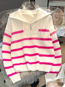 Herbst/Winter Neu Reißverschluss Damen gestreifter Strickpullover, modischer minimalistischer Pullover, vielseitig