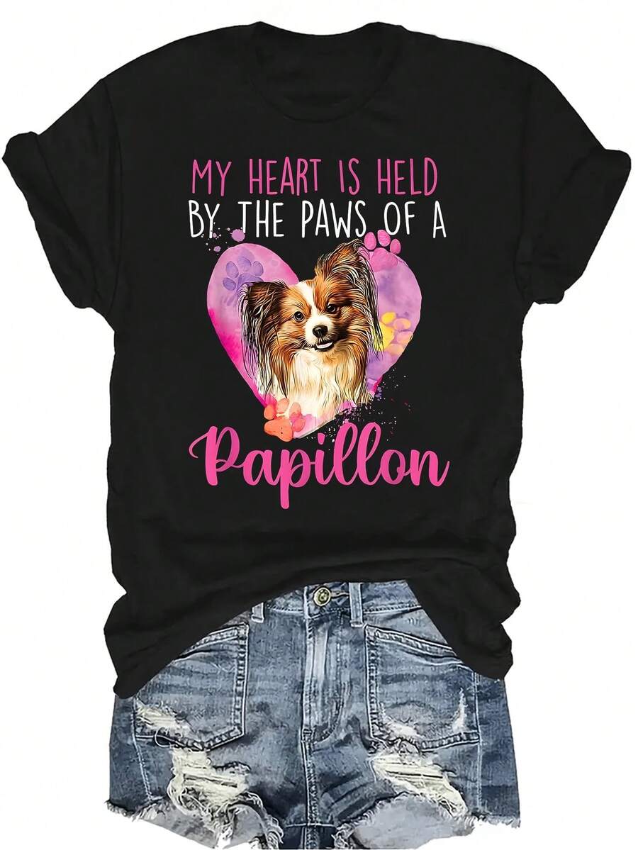 Mi corazón está sostenido por las patas de una camiseta de criador de perros Papillón para mujeres y unisex, de verano, casual, transpirable, de personalidad, de cuello redondo, de manga corta, de ropa urbana, versátil, adecuada para adolescentes y adultos - Negro - Ver 1