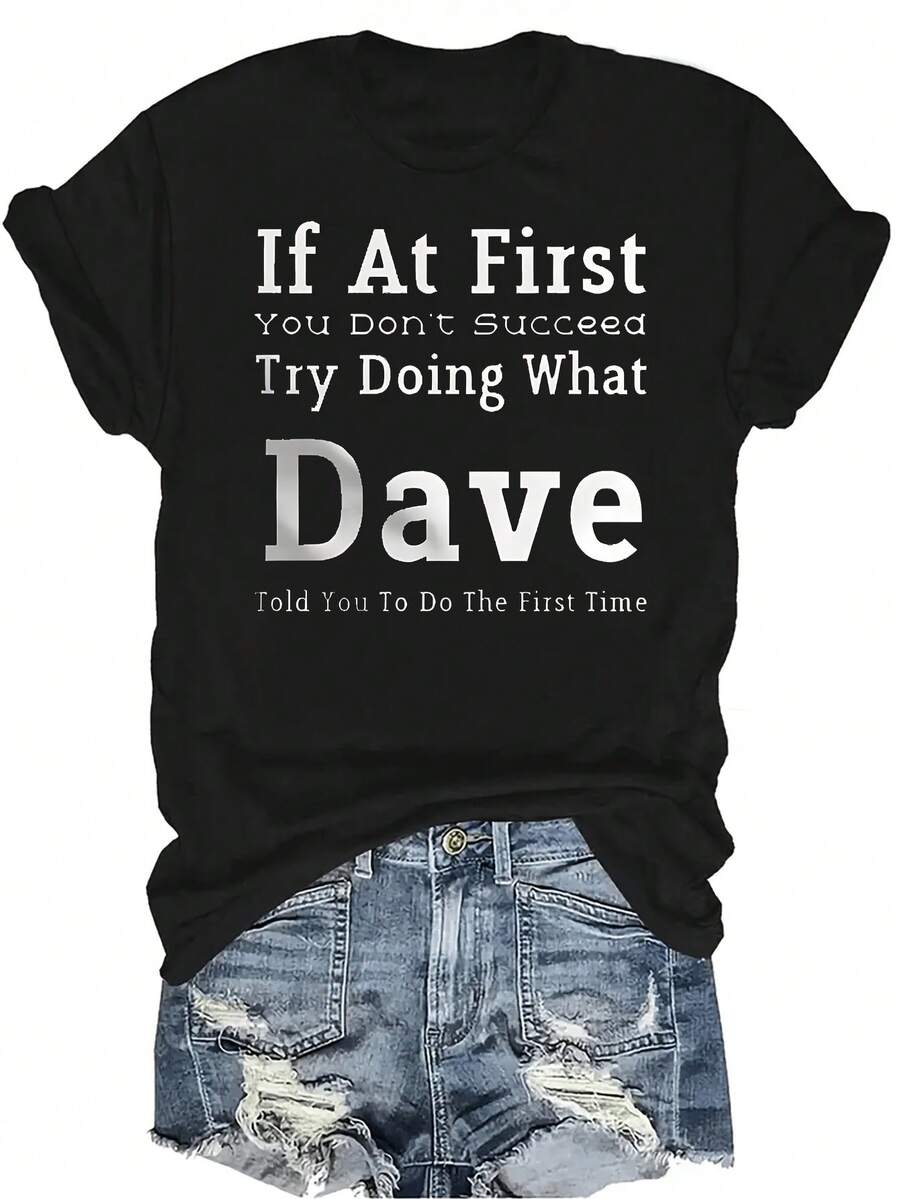Camiseta de verano informal con estampado de Dave para hombres, camiseta de manga corta de cuello redondo, transpirable y versátil, adecuada para adolescentes y adultos - Negro - Ver 1